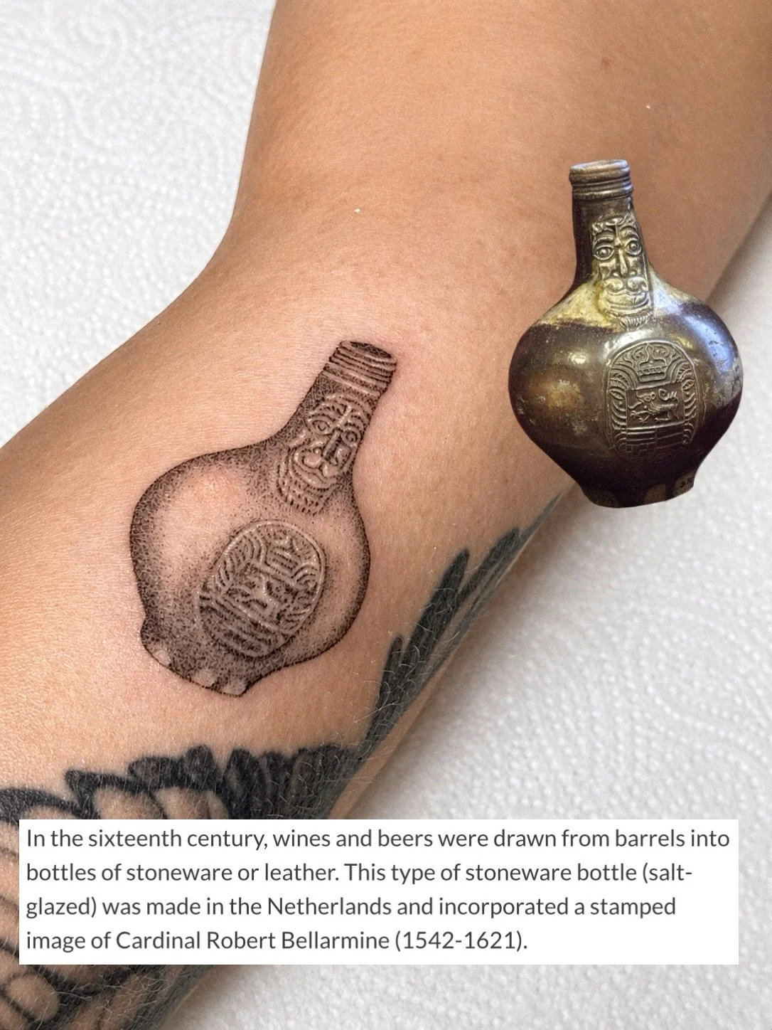 I tattooed this wonderful example of a Bellarmine Jug from Stevenage Museum&rsquo;s archive on none other than Samantha (Sam) Daisley who is the Museum and Cultural Development Officer @stevenage_museum ; that&rsquo;s her explaining the history of Be