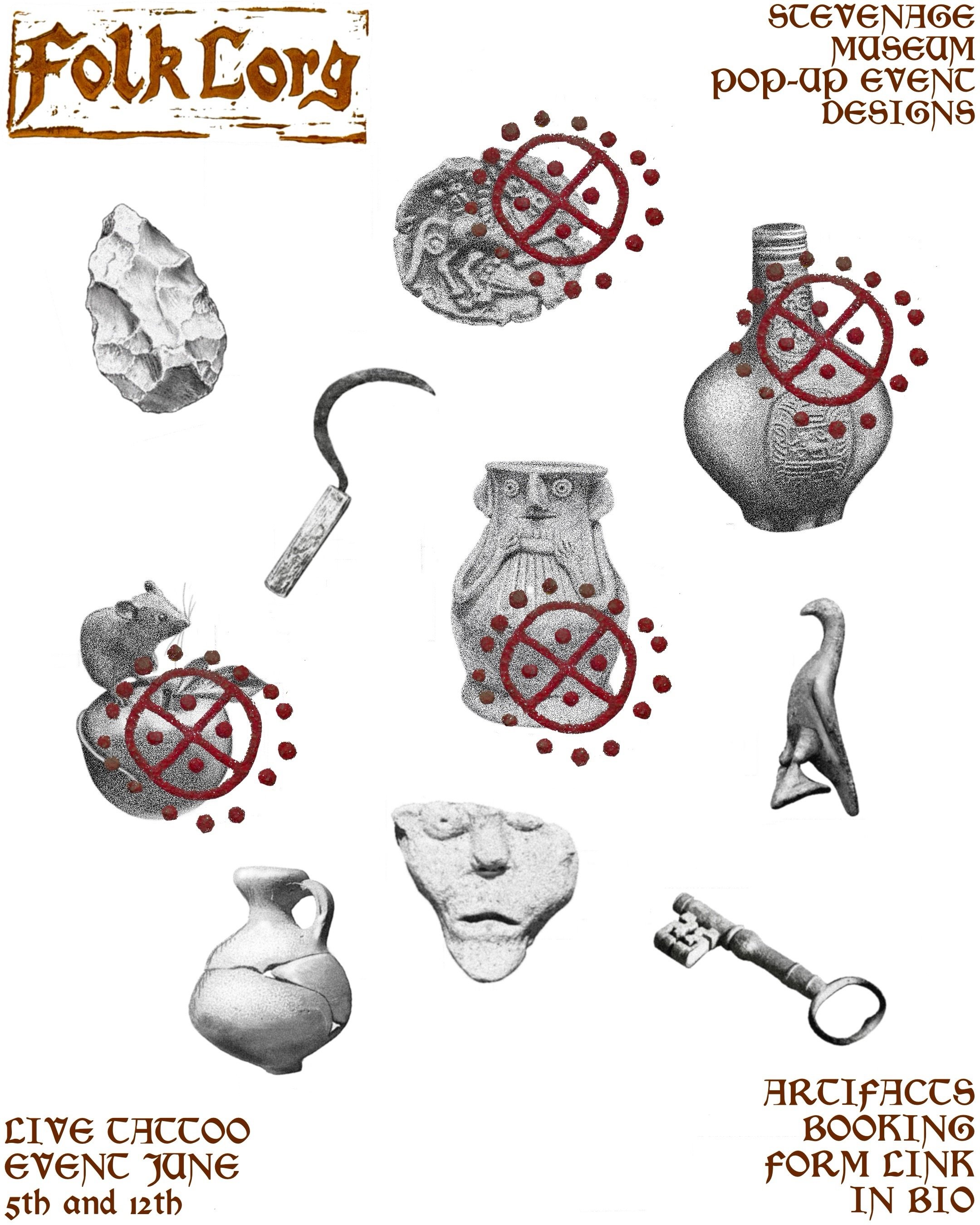 *TWO SPACES LEFT*
1pm Friday 5th &amp; 1pm Friday 12th of June
these appointments are for the remaining (unmarked) designs from my Stevenage Museum artefacts flash sheet and will be tattooed in our pop-up tattoo studio within @stevenage_museum 

Plea