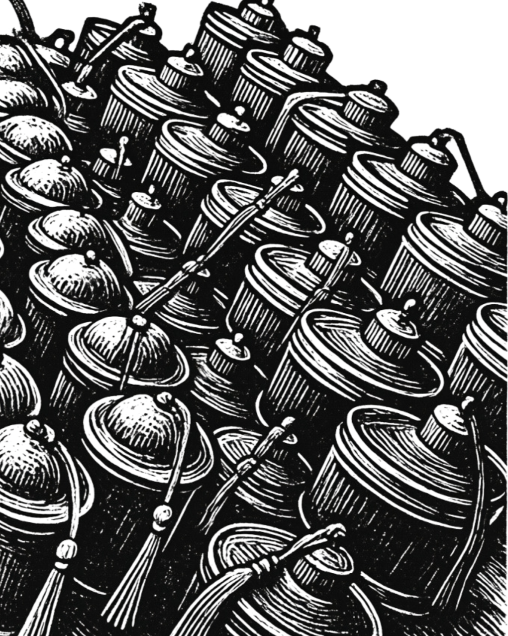Black and white illustration of numerous vintage alarm clocks placed closely together.