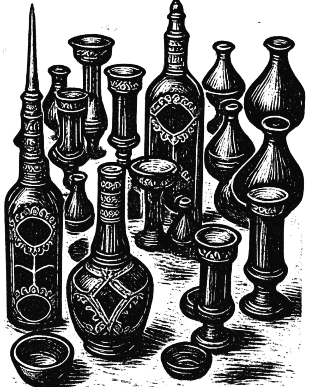 Black and white illustration of various bottles and vases with intricate patterns.