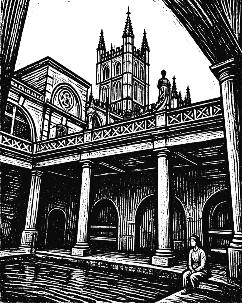 A black and white illustration of a gothic cathedral viewed from below, with a person sitting on a ledge in the foreground.