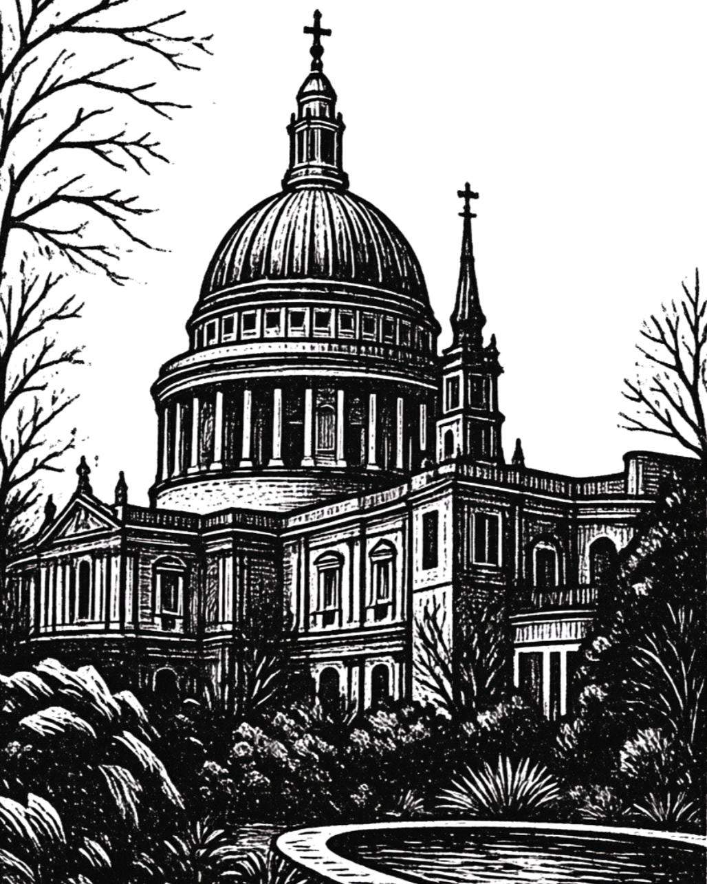 Black and white illustration of the United States Capitol building, with trees and bushes in the foreground.