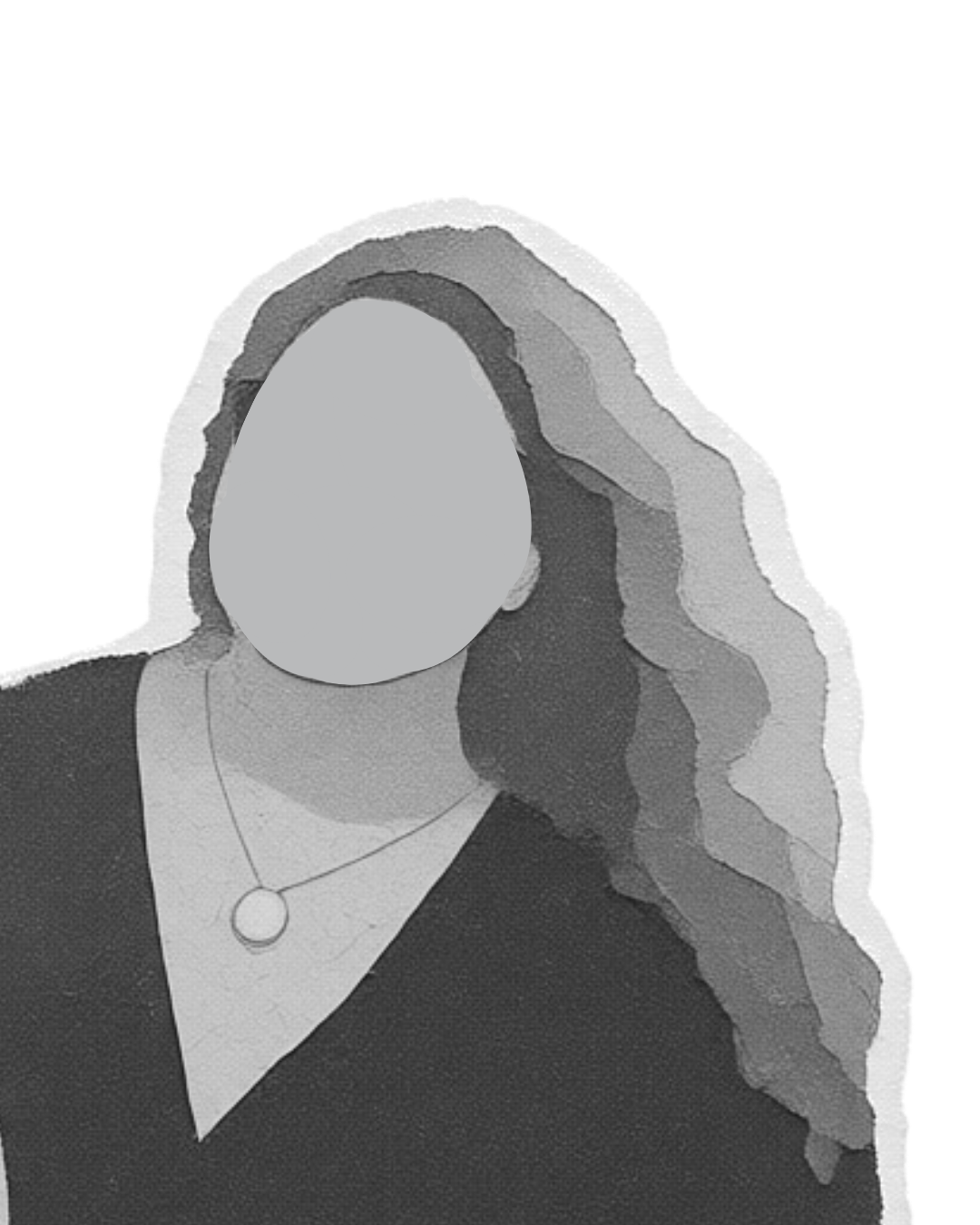 A grayscale illustration of a woman with long wavy hair, wearing a necklace with a circular pendant and a V-neck top.