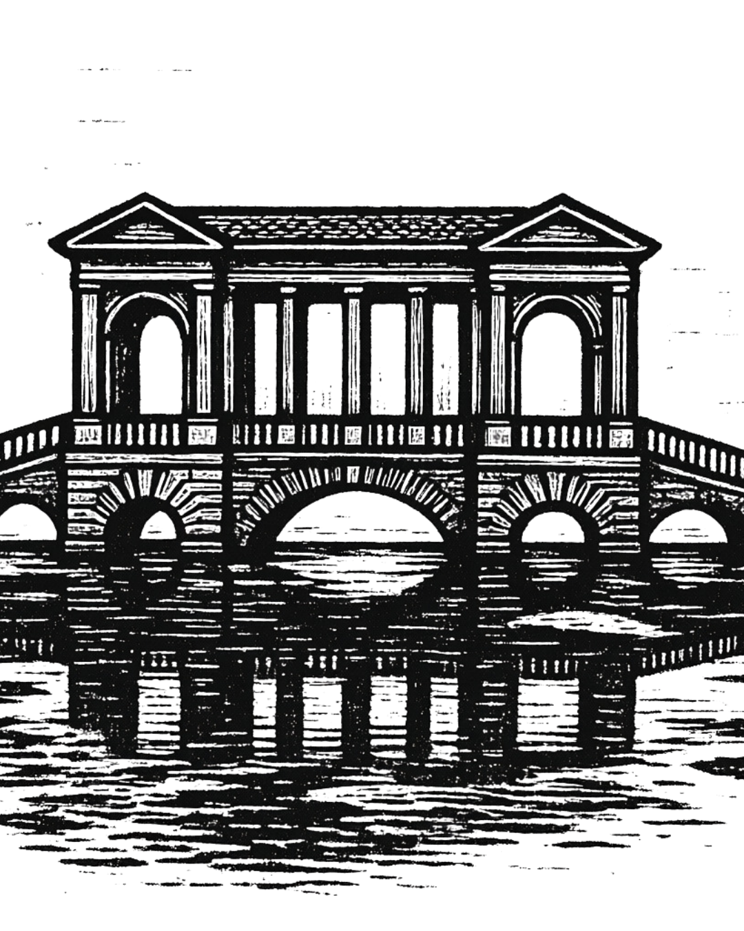 Black and white drawing of a bridge with a pavilion-like structure on top, reflecting in water below.