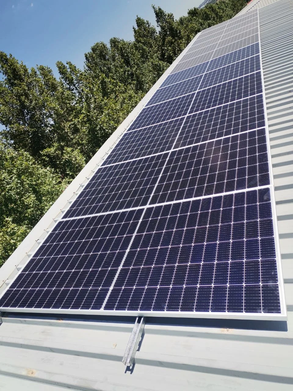 Photovoltaic solar panels installed on a metal roof with trees and blue sky in the background.