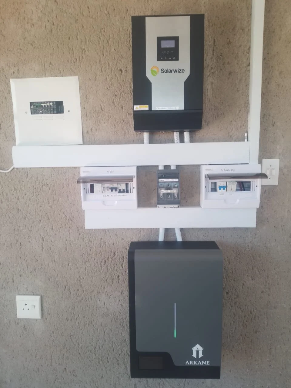 Electrical setup with Solarwize charge controller, circuit breakers, and Arkane system on a beige wall.