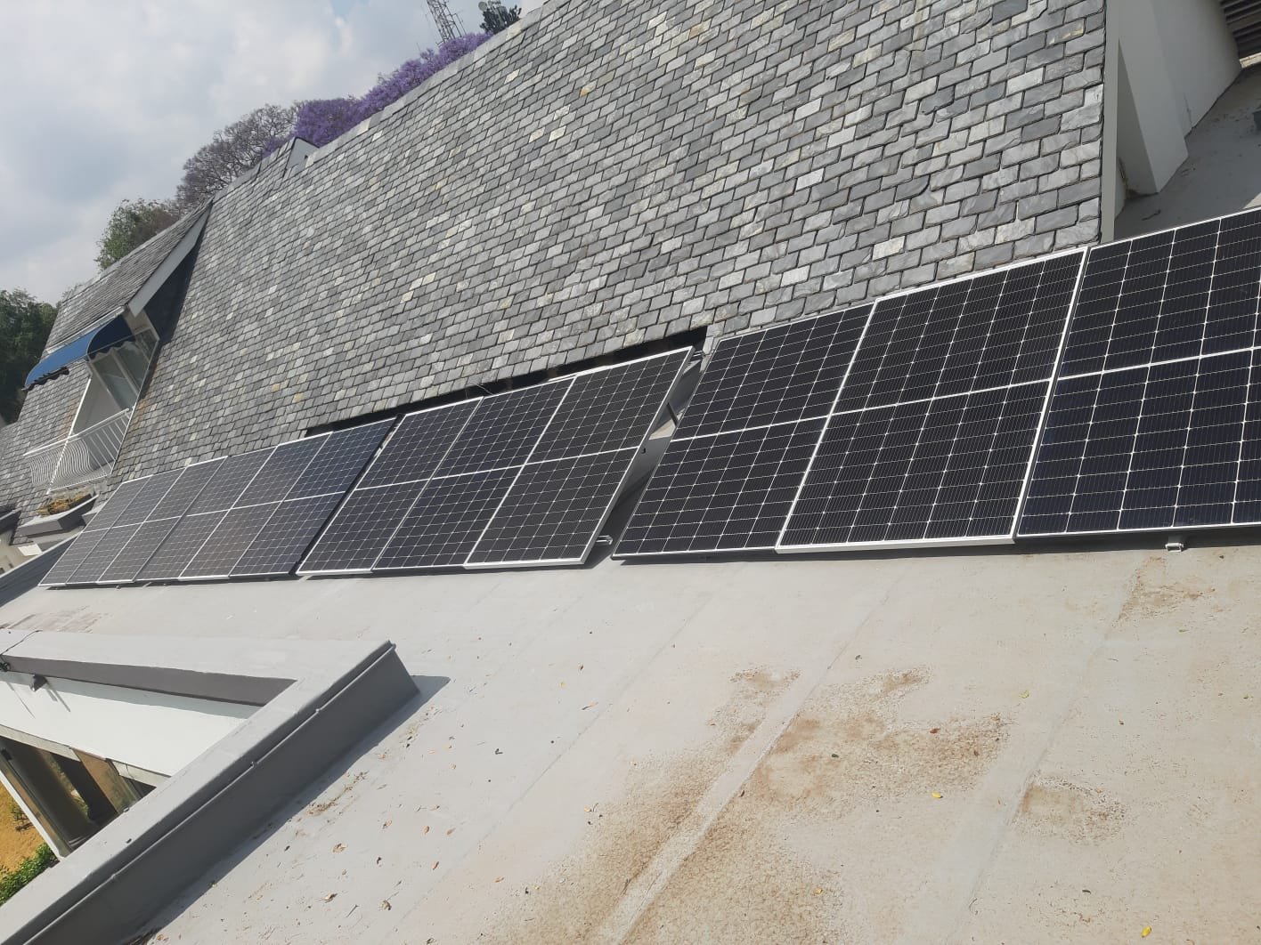 Multiple solar panels installed on a flat roof of a building with gray shingles, part of a dormer window, and some trees in the background.