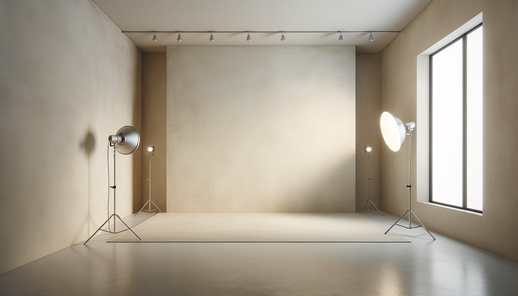 Photo of a photography studio with four studio lights on stands, beige painted walls, and a large window on the right allowing natural light in.