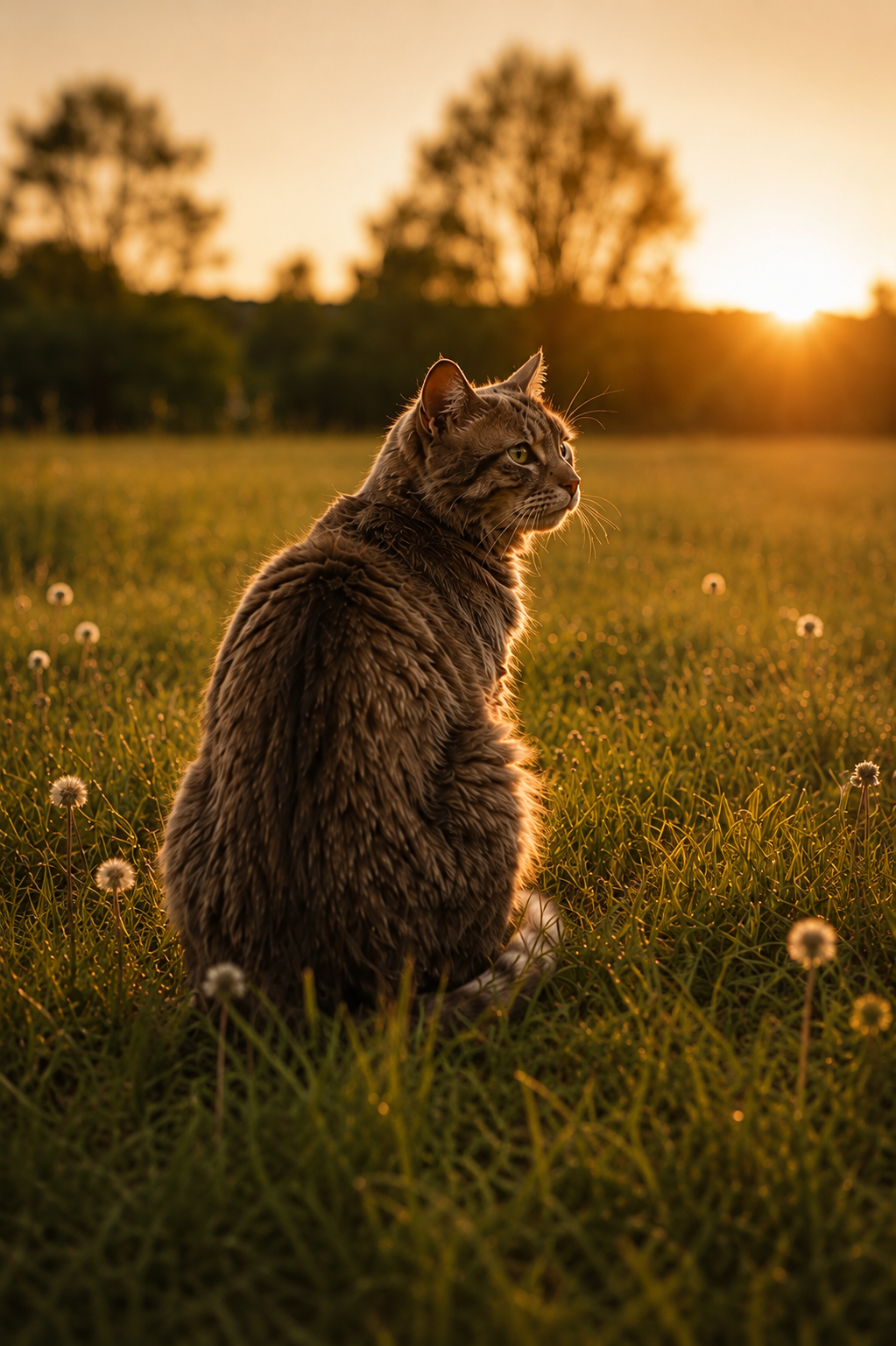 Cat sitting peacefully in a sunlit meadow at Greener Pastures Pet Cremation.