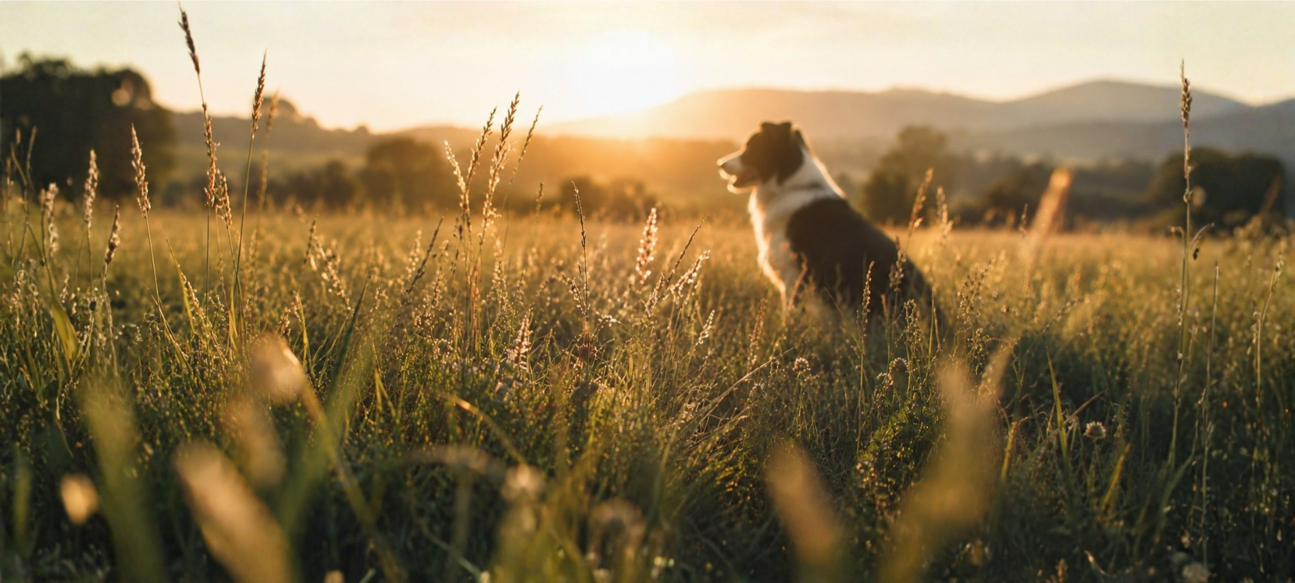 Dog sitting peacefully among long grass at sunset in a country landscape.