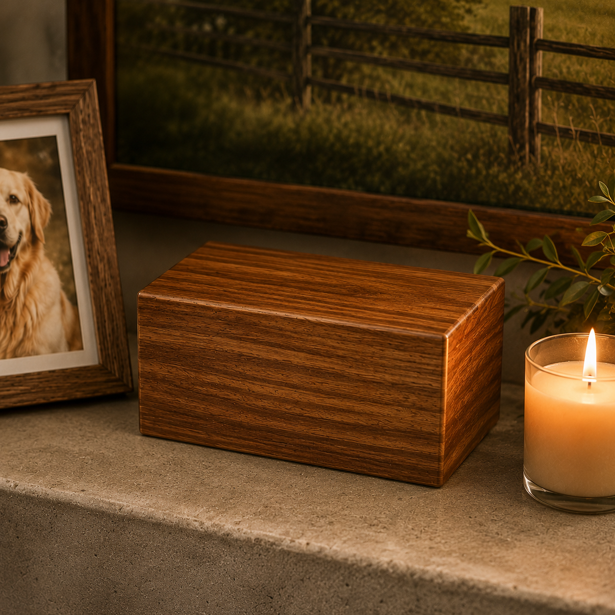 Wooden pet cremation urn box for pet ashes with handcrafted timber finish