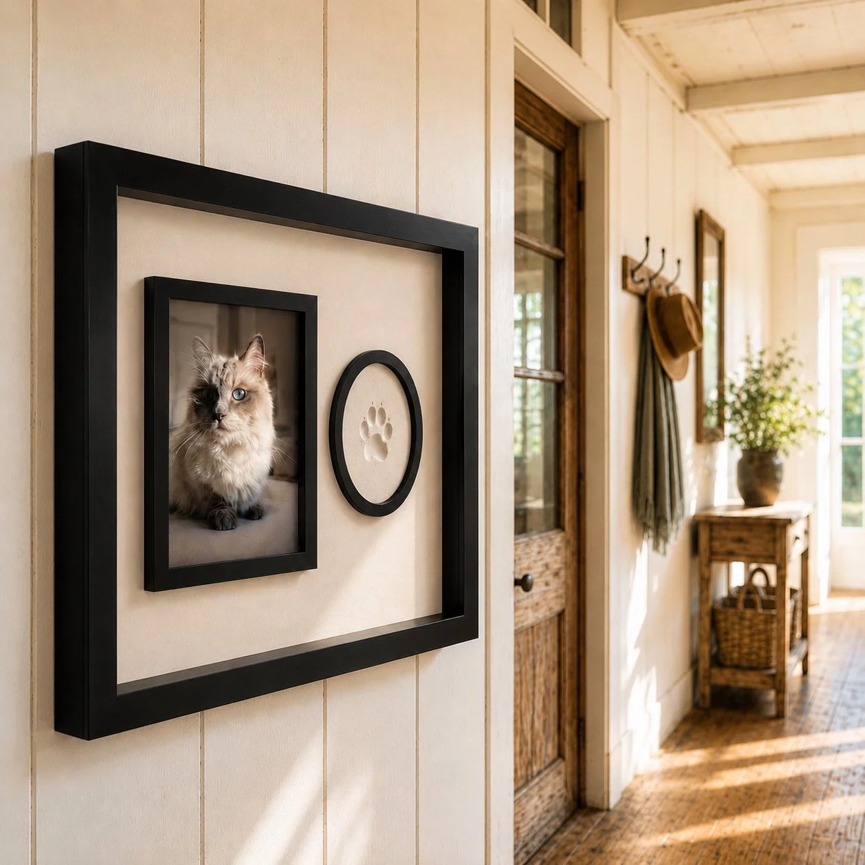 Cat memorial frame with dog photo and personalised clay paw print impression