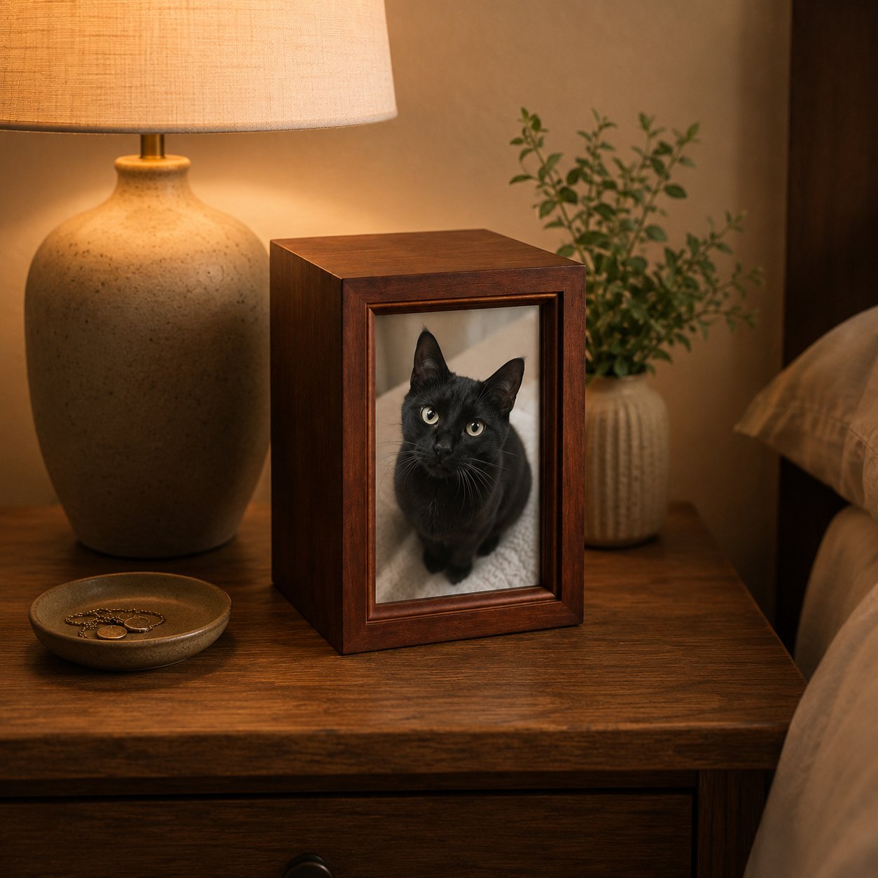 Wooden photo memorial urn for cat ashes displayed in a peaceful home setting