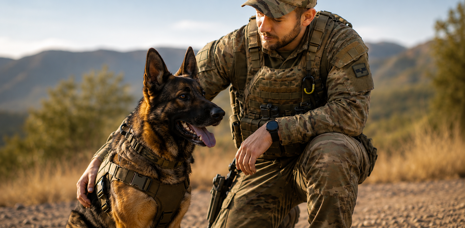 Service member with his German Shepherd, honouring the extraordinary bond between service animals and their handlers.