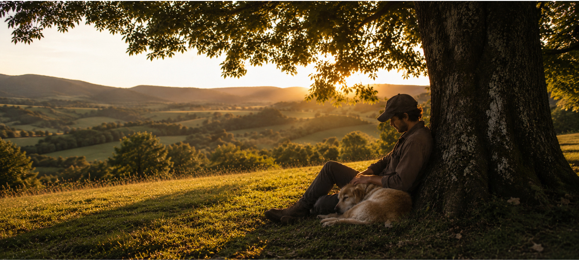Man sitting peacefully with his dog beneath a tree at sunset, reflecting the lifelong bond between a man and his best friend.