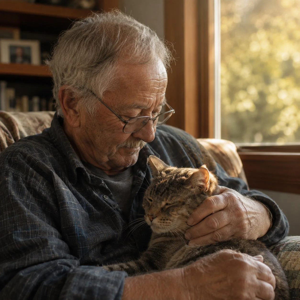 Man holding his beloved cat close beside a window, reflecting the life long bond between people and their pets.