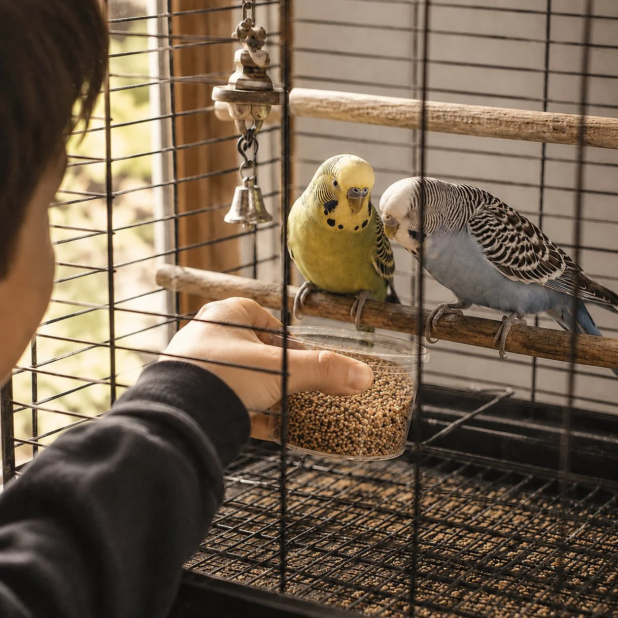Two pet budgerigars being gently cared for, representing the many companion animals we love.