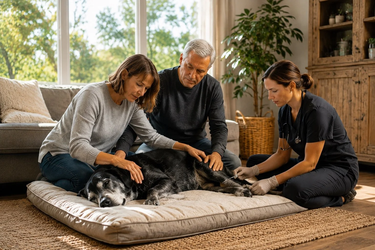 At-home pet euthanasia with a veterinarian supporting a family and their elderly dog