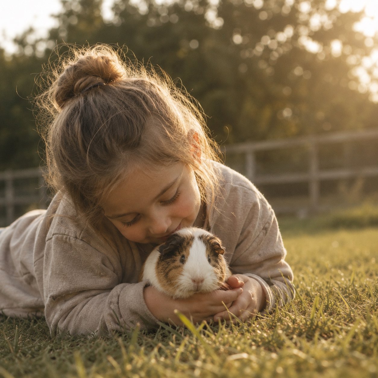 Young girl gently holding her guinea pig in a country setting at sunset.
