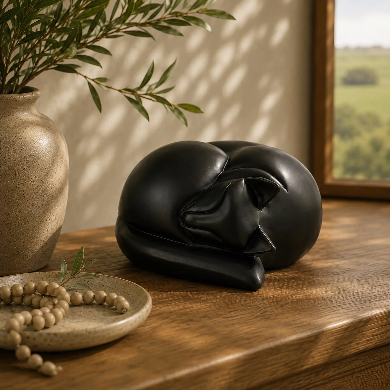Resting Cat Black Urn