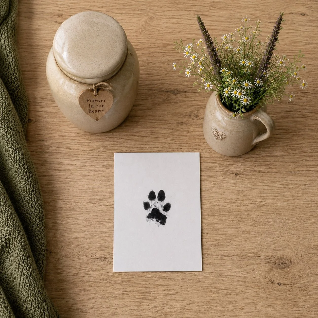 Pet paw print keepsake displayed in a peaceful home setting