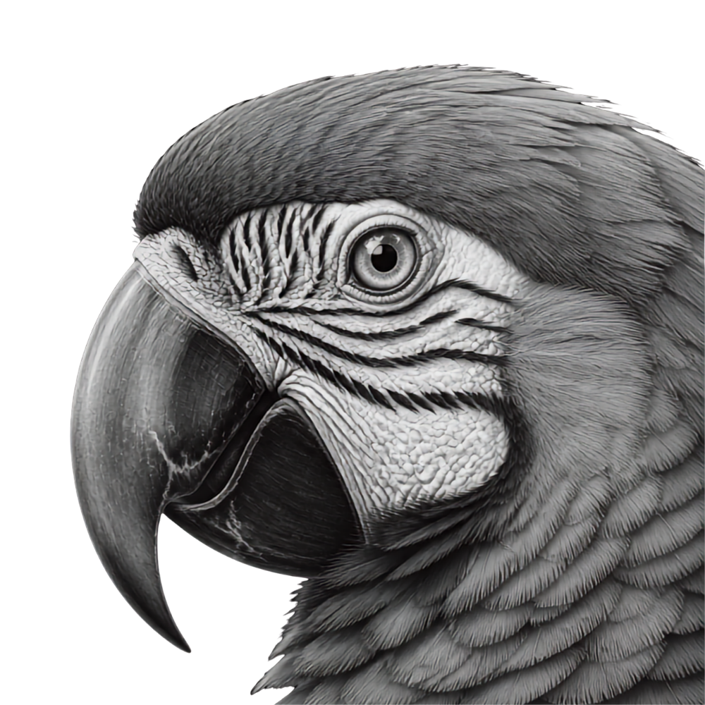 Black and white illustration of a pet parrot, representing the many companion animals cared for by Greener Pastures.