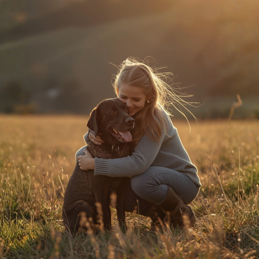 Woman embracing her beloved dog in a country field at sunset, celebrating the special bond between people and their pets.