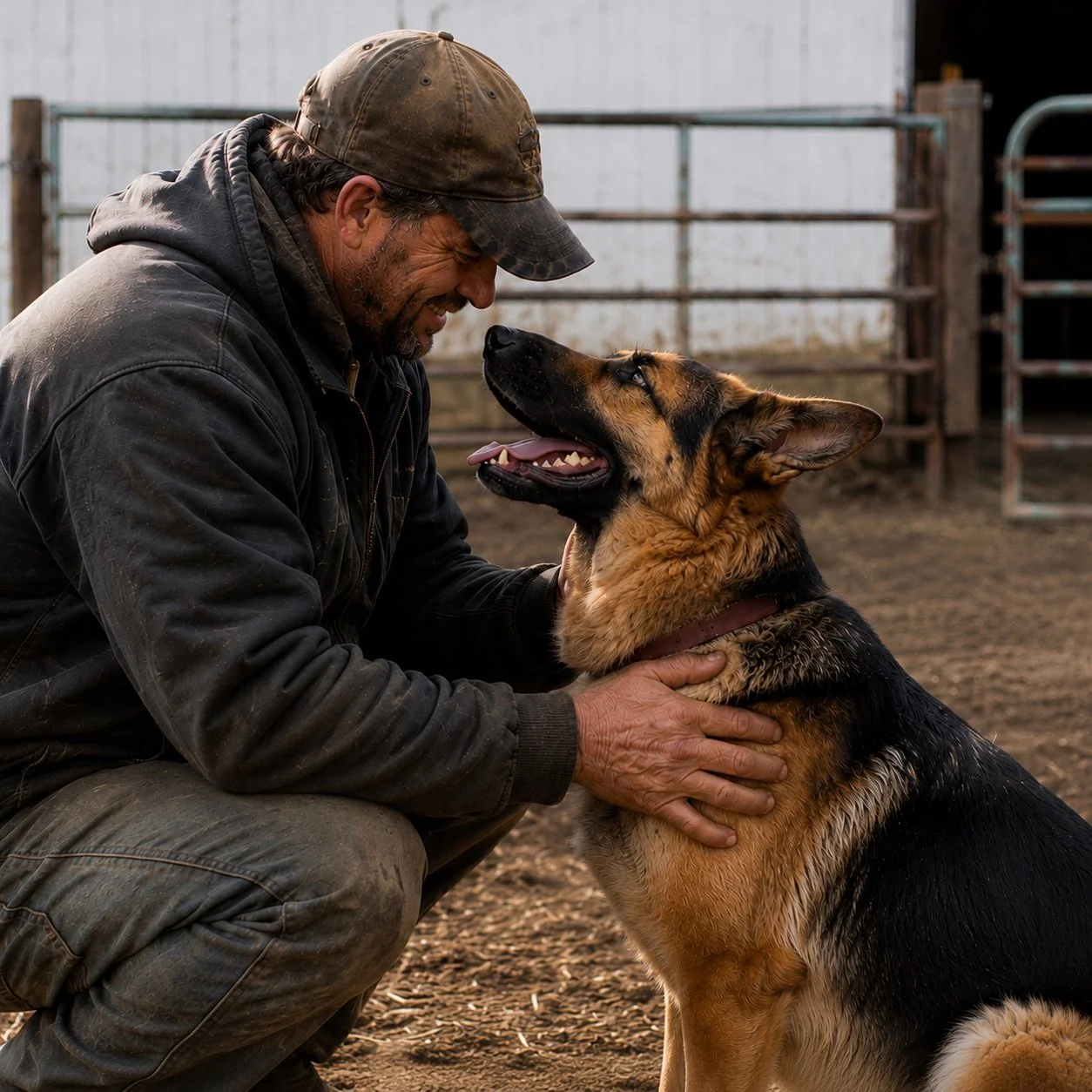 Man sharing a special and affectionate moment with his German Shepherd in a peaceful country setting.