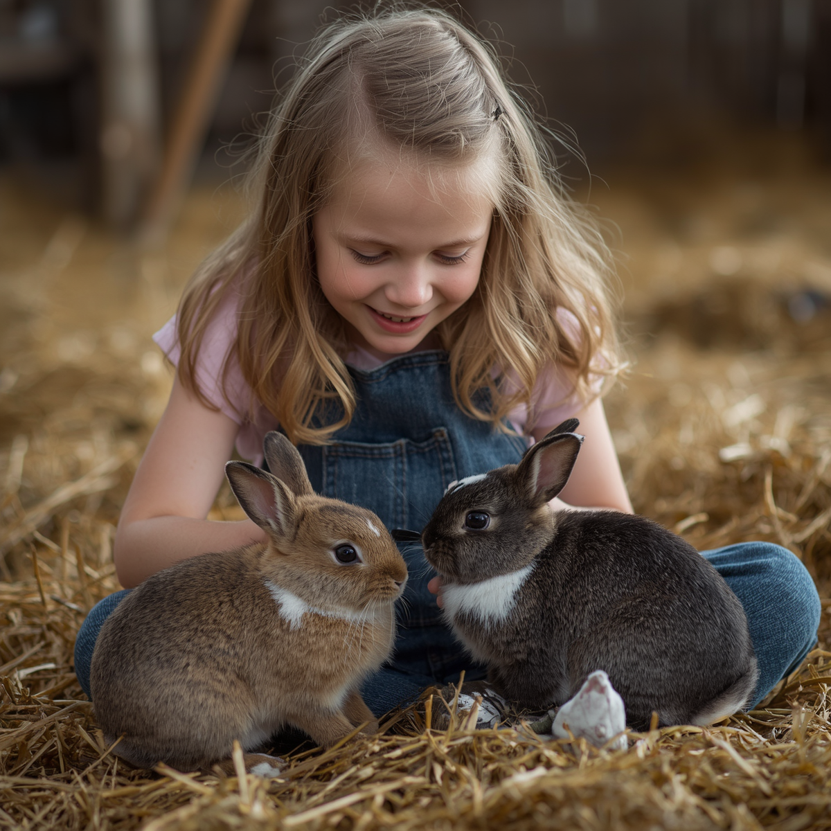 Young girl spending time with her two pet rabbits, celebrating the companionship of small pets.