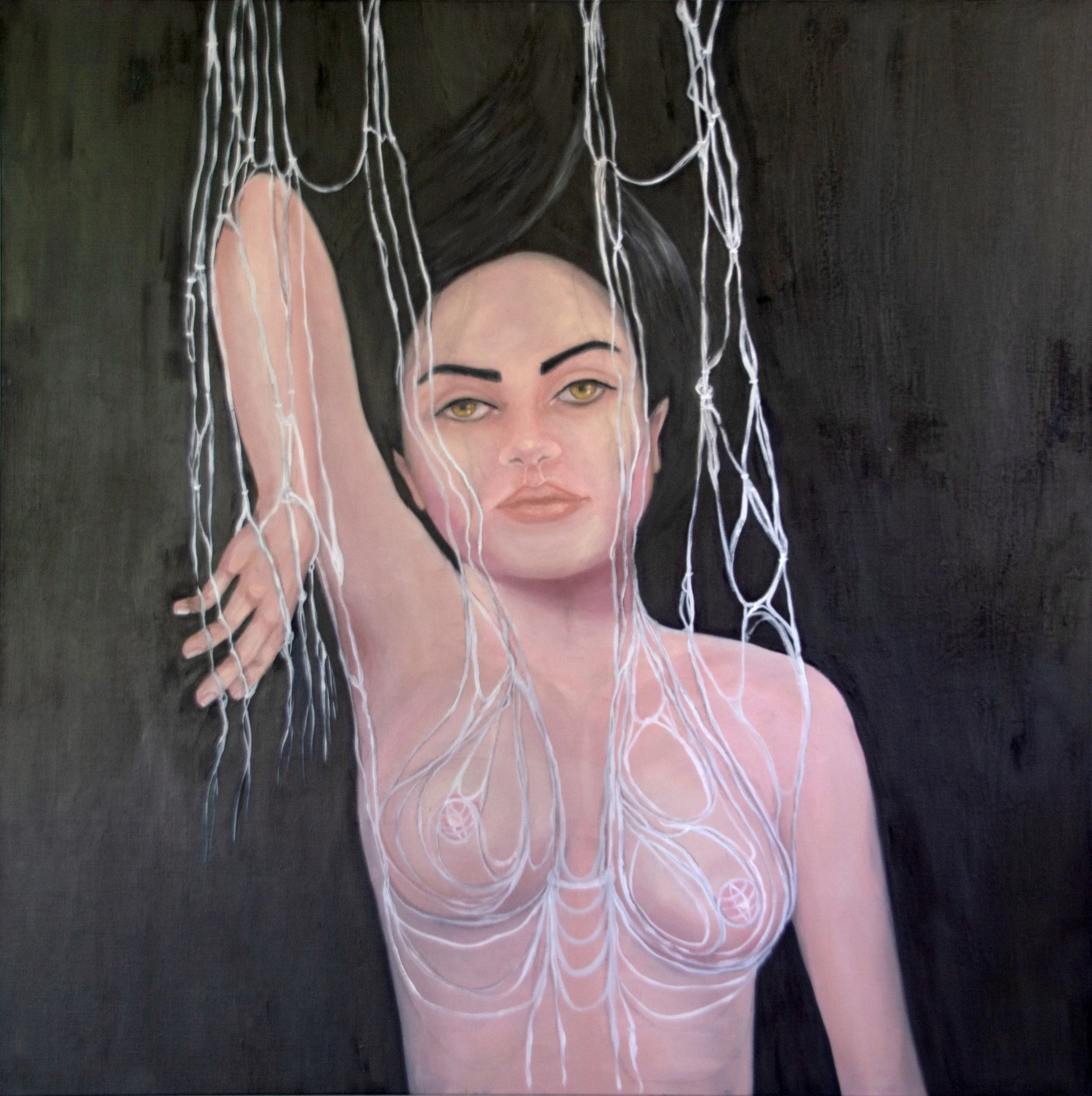 "Bound in Silence: The puppetry of women’s constraints" 2024 Oil on Belgian Linen 101.5 x 101.5cm
