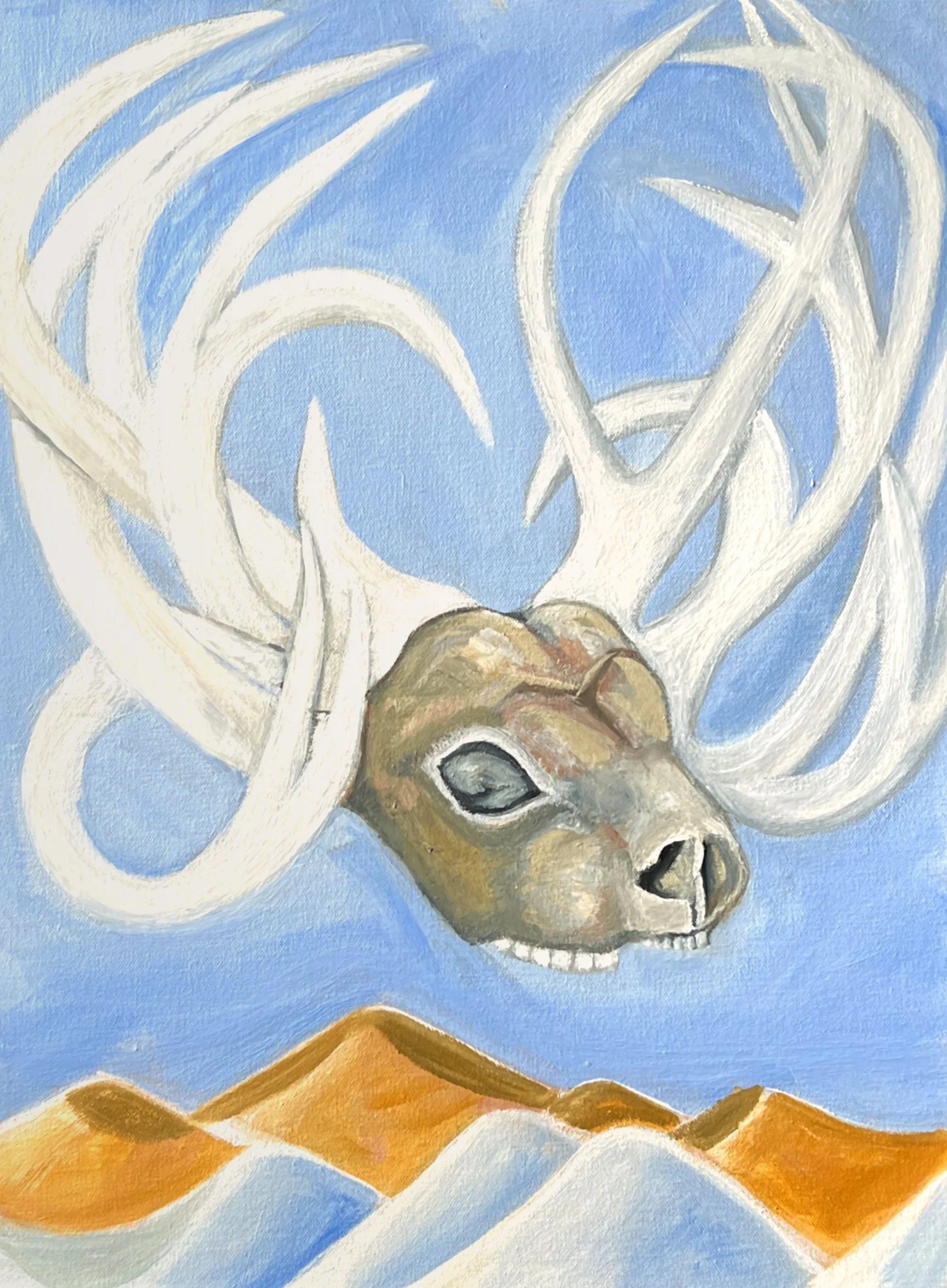 “Summit of mortality: Skull amonst the peaks” 2023 Oil on canvas 50 x 40cm