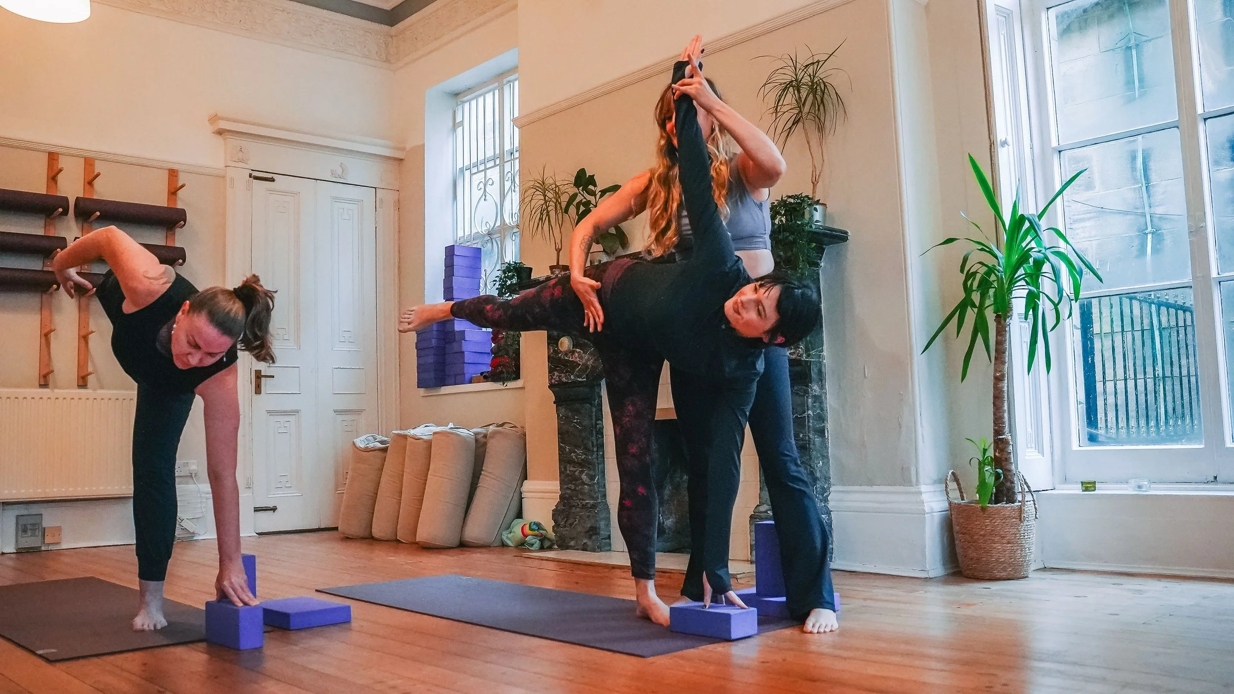 Group of women practicing yoga indoors, performing balancing poses on yoga mats with yoga blocks nearby, in a room with large windows and potted plants.