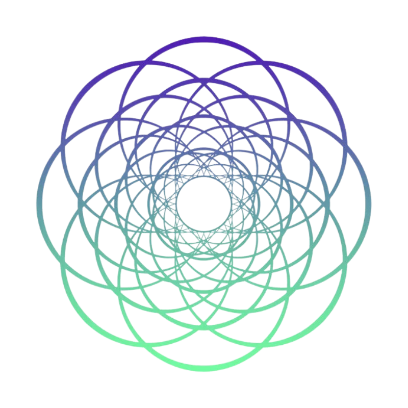 A colorful, abstract line art design resembling a stylized flower or geometric pattern with overlapping loops and circles in shades of purple, blue, green, and yellow.