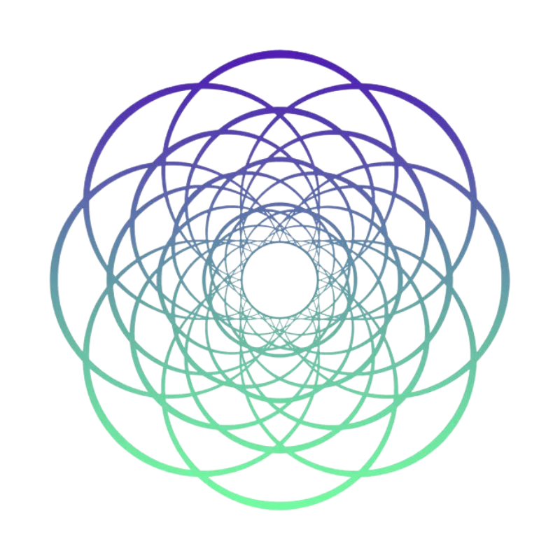 Colorful, intricate geometric design with overlapping circles and lines forming a complex pattern.