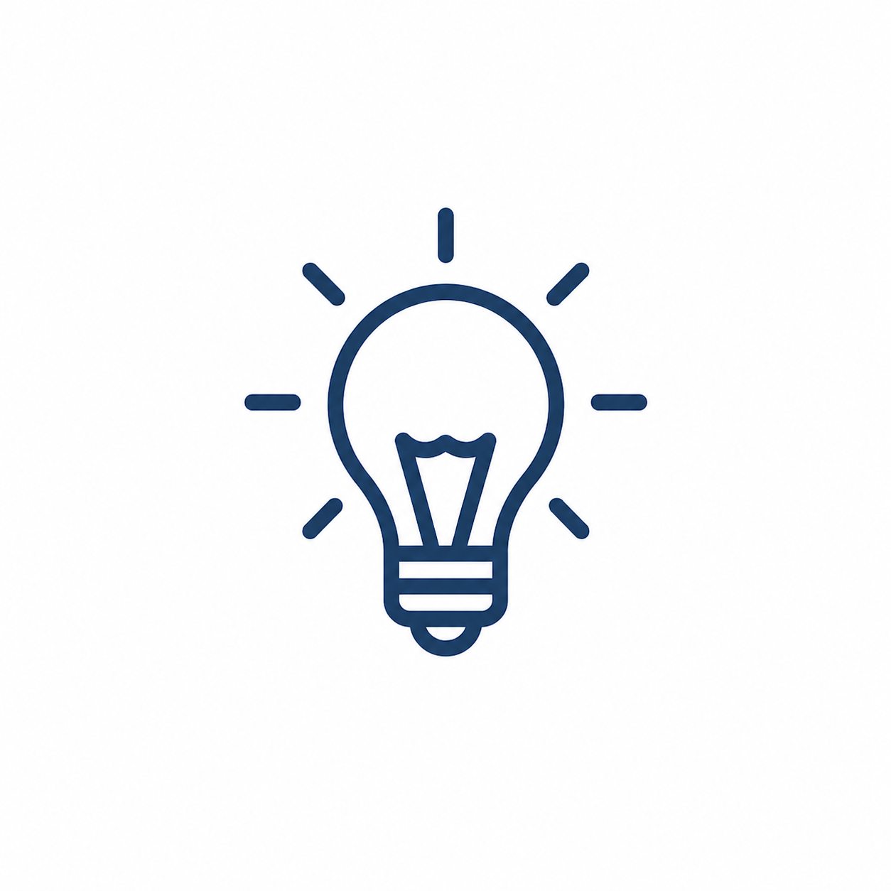 Line drawing of a light bulb with rays emanating from it, indicating an idea or innovation.