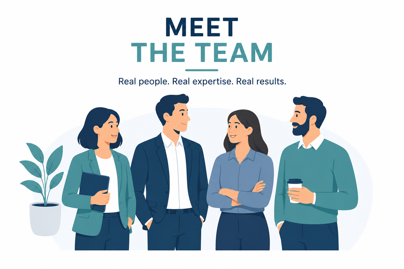 Illustration of four diverse professionals engaging in conversation, with text 'Meet the Team' and the tagline 'Real people. Real expertise. Real results.'