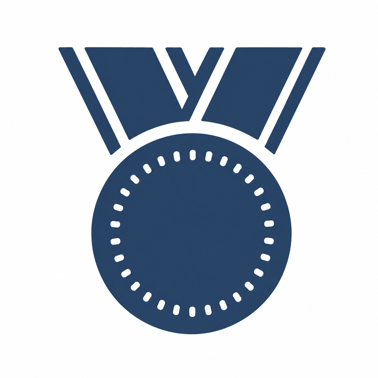 Illustration of a medal with a circular shape, ribbon, and a place for engraving or inscription, in dark blue color.