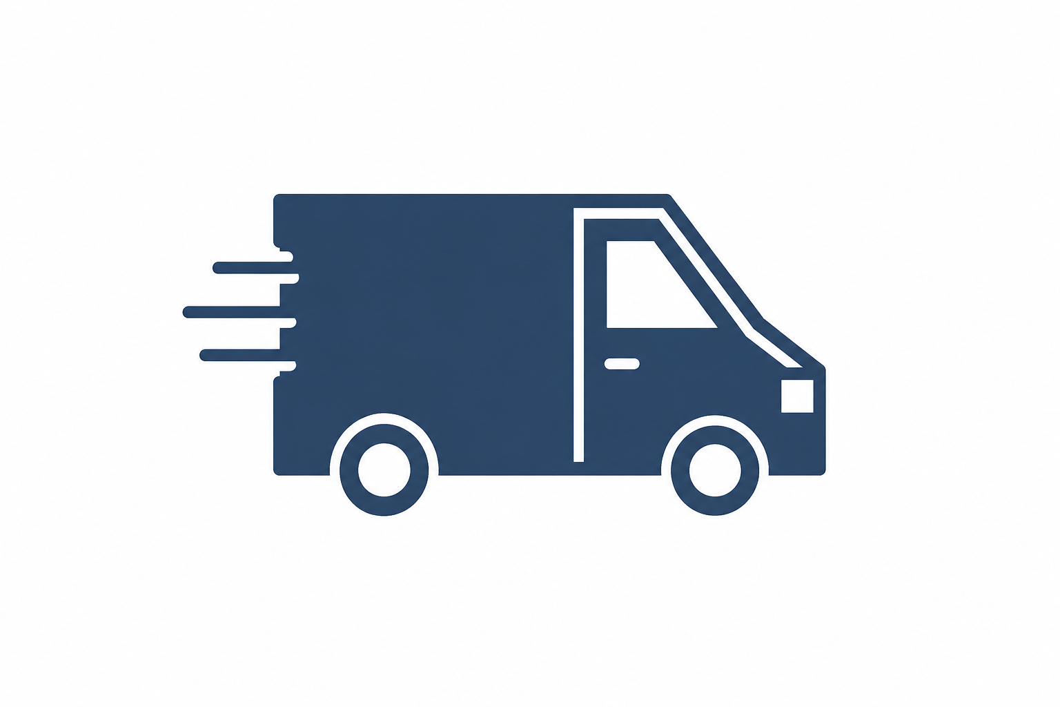 Icon of a delivery or moving truck in dark blue with motion lines indicating speed.