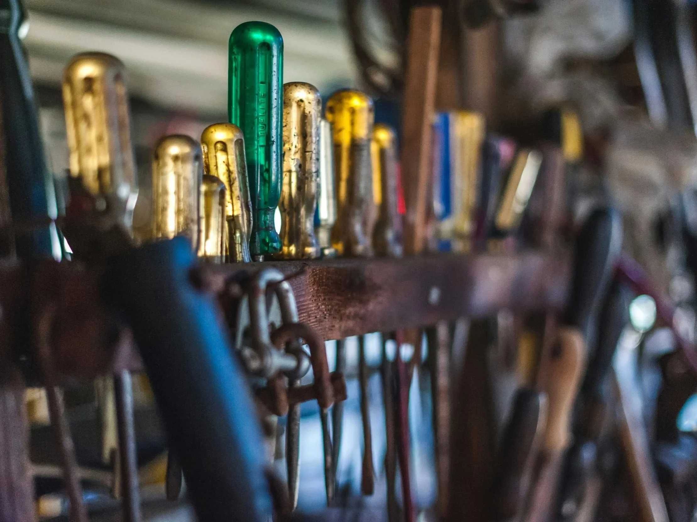 Image of an old set of hand tools in a CTE workshop.