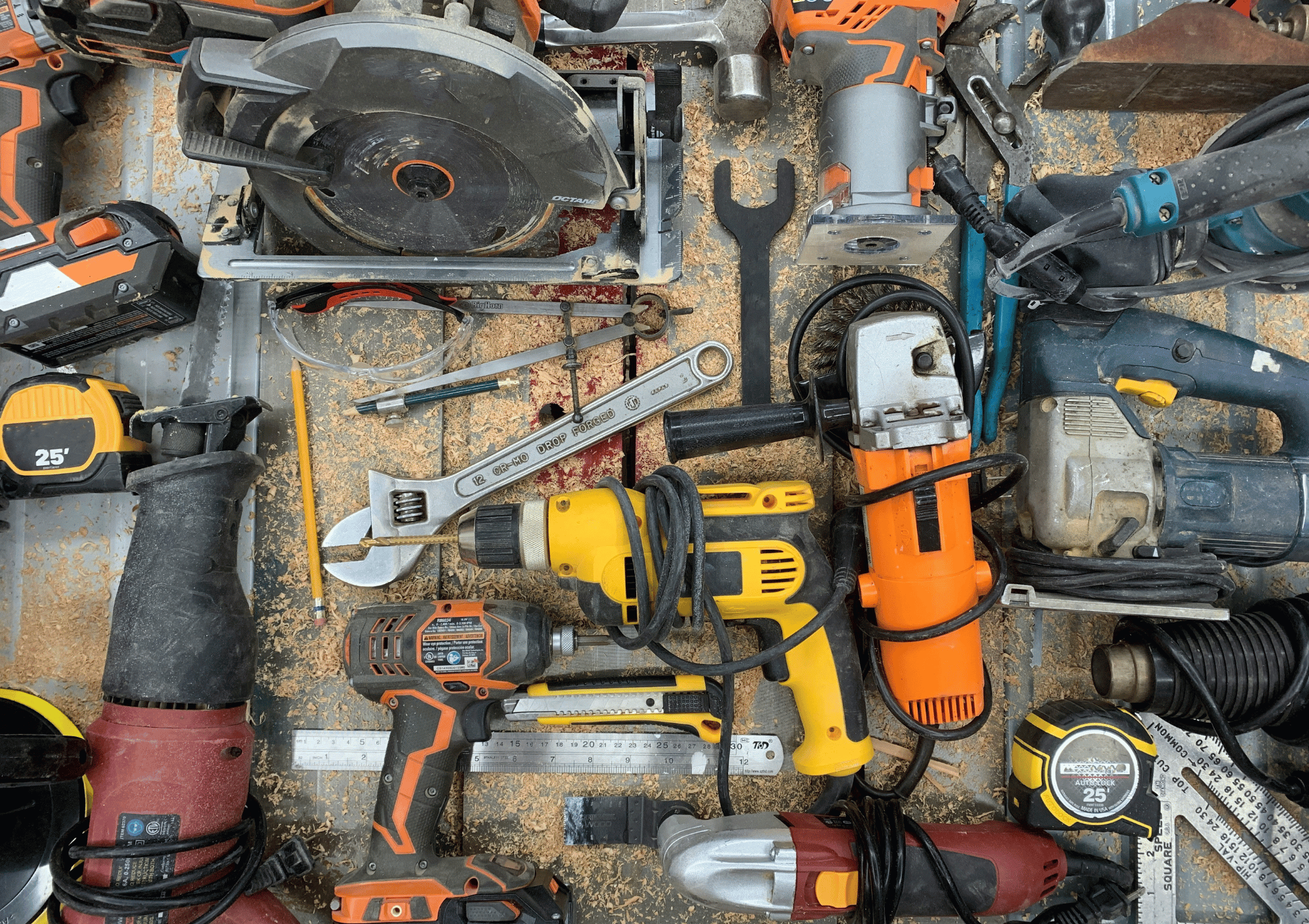 Images of a set of tools on a craftsperson's workbench.