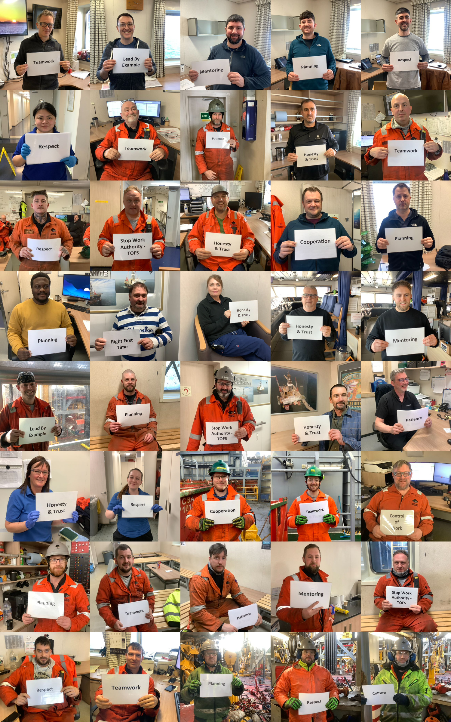 A collage of numerous workers in various workplace environments holding signs with words such as 'Teamwork,' 'Respect,' 'Trust,' 'Planning,' 'Mentoring,' 'Control of Work,' and others, emphasizing workplace values and safety.