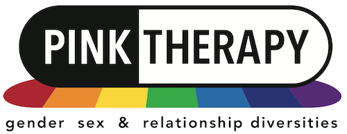 Pink Therapy logo with a rainbow stripe underneath, with the words gender, sex, and relationship diversities below.