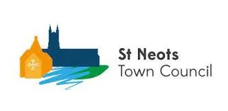 Logo of St Neots Town Council featuring a stylized illustration of a church, a yellow bag, blue water, and green land.