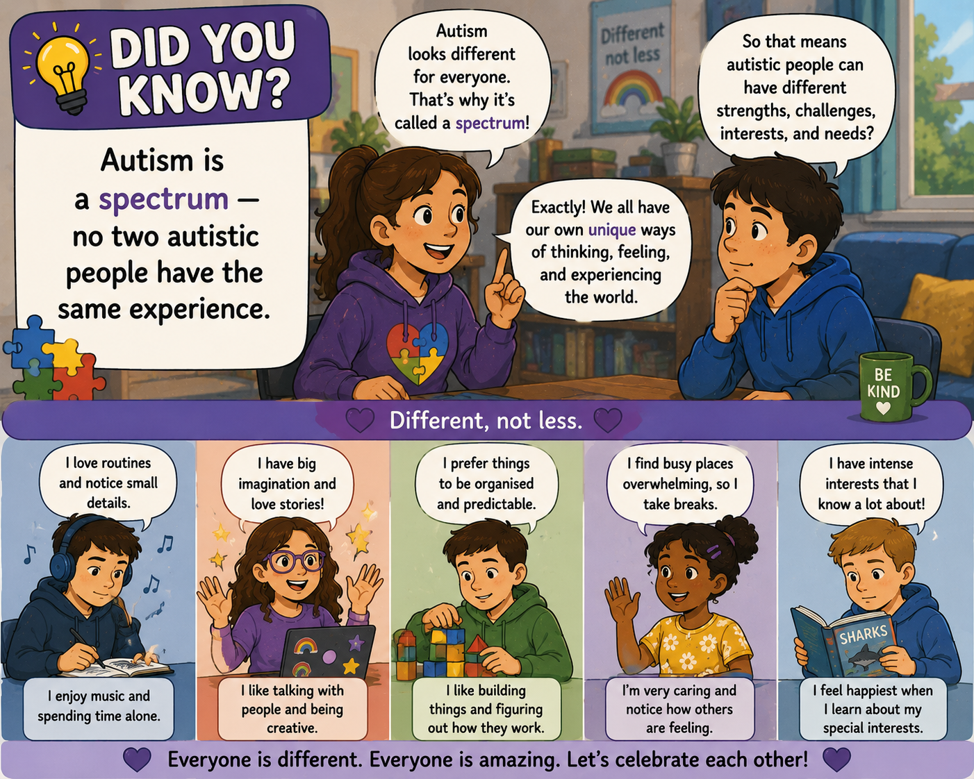 An educational poster about autism spectrum. It features two children at the top, explaining that autism is a spectrum with different strengths and experiences. The middle section shows five children describing their unique qualities and interests, emphasizing diversity and individuality. The bottom message encourages celebrating everyone's differences.