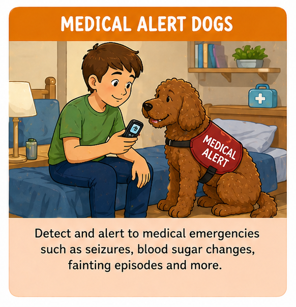 An illustration of a boy sitting on a bed, using a smartphone, with a service dog sitting beside him wearing a red vest labeled 'Medical Alert.' The background shows a bedroom with shelves, books, a plant, and medical supplies. The text says 'Medical Alert Dogs' and explains their role in detecting and alerting to medical emergencies like seizures, blood sugar changes, and fainting.