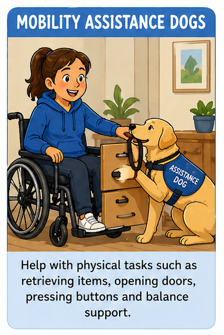 Illustration of a girl in a wheelchair interacting with a golden retriever assistance dog, both inside a room with plants and a picture on the wall, under a sign that reads 'Mobility Assistance Dogs'. The dog is wearing an assistance vest and helping the girl with a task.
