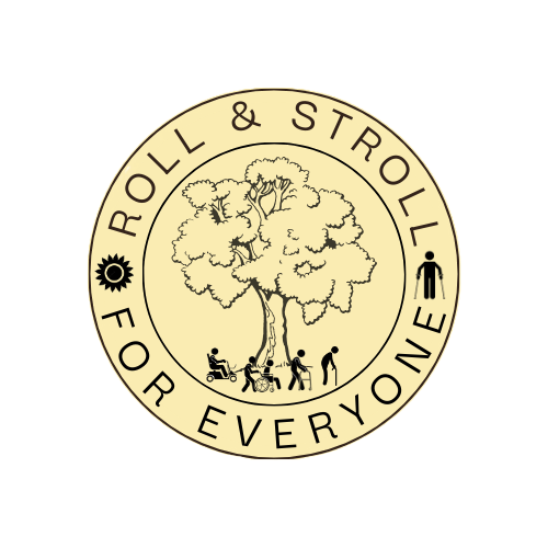 Circular logo with a large tree and people, including a person in a wheelchair, walking or relaxing. Text reads 'Roll & Stroll for Everyone' and icons of sun and person.