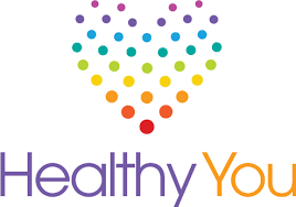 Colorful dotted pattern forming a heart shape above the words 'Healthy You' in purple and orange text.