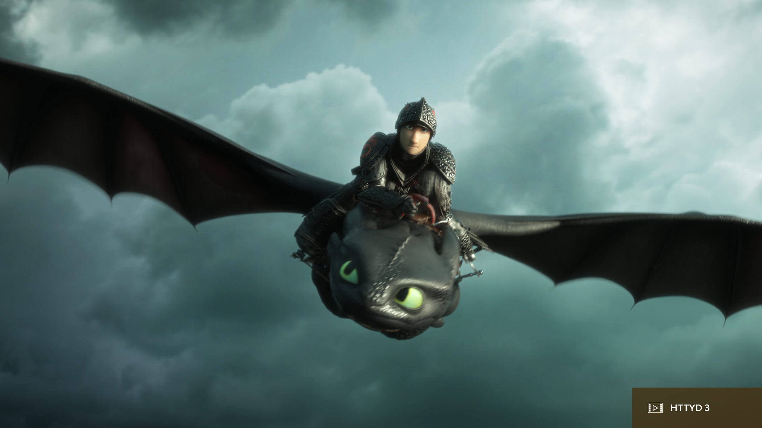 A person dressed as a knight riding a black dragon with green eyes through a cloudy sky.
