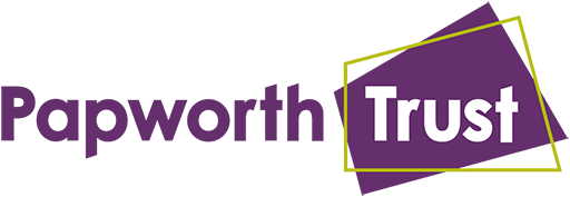 Papworth Trust logo with purple and white text and overlapping squares.